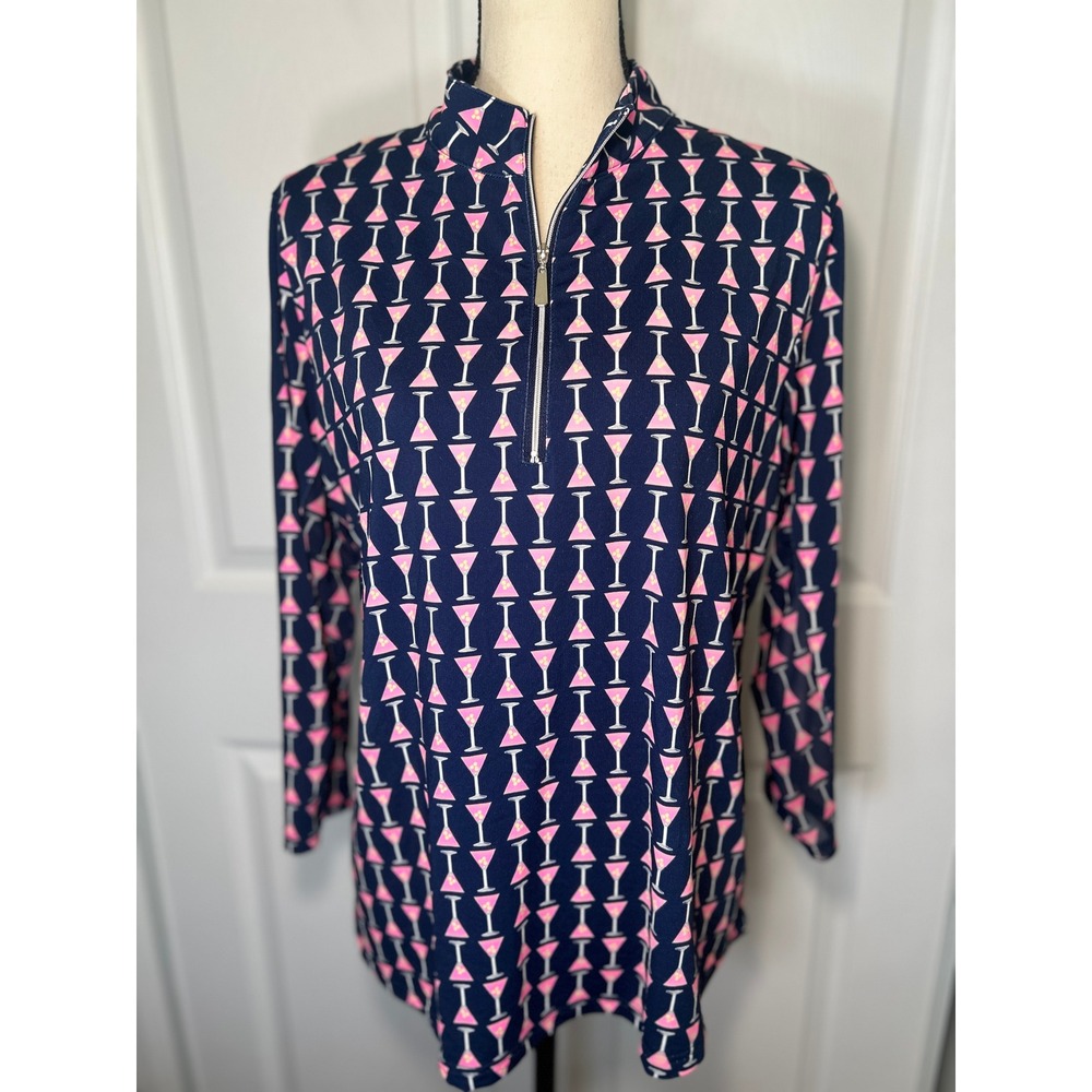 Beachtime Martini Glass Quarter Zip Pullover‎ L Navy Blue Pink 3/4 Sleeve Preppy
